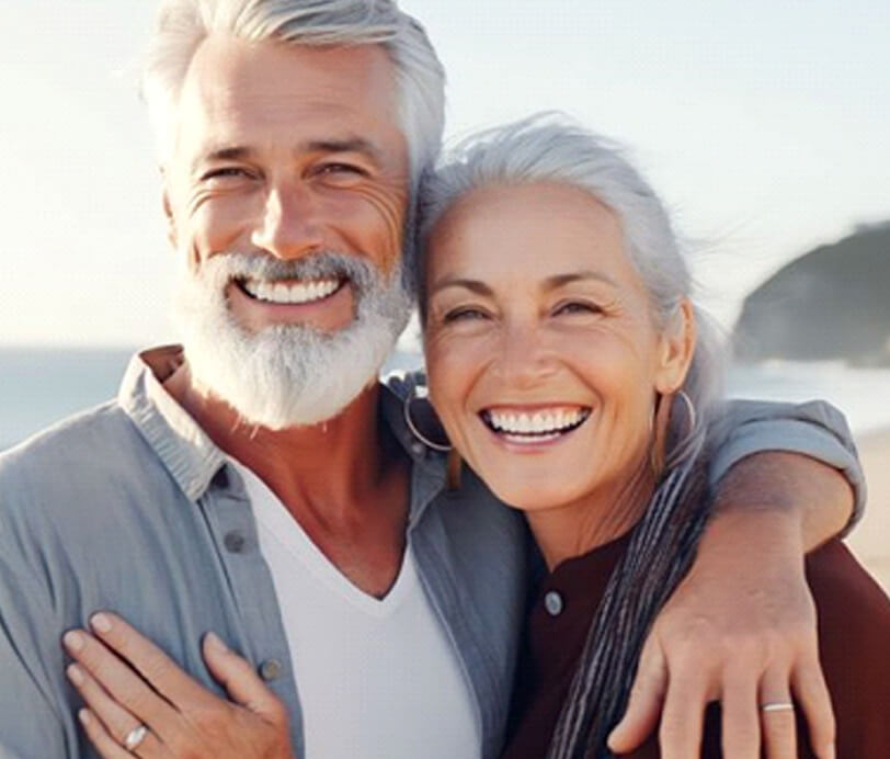 smiling senior couple standing on the beach
