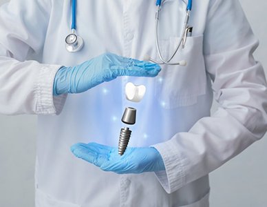 dentist with a hologram of a dental implant in their hands 